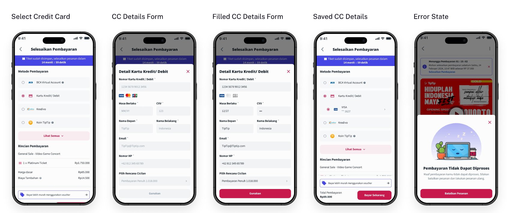 Select credit card, card details form, saved card and error state screens