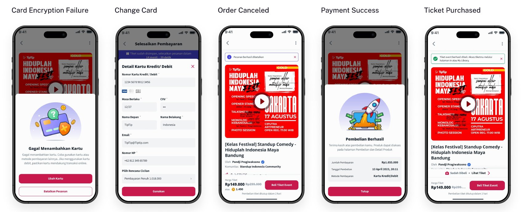 Card failure, change card, order canceled, payment success and ticket purchased screens