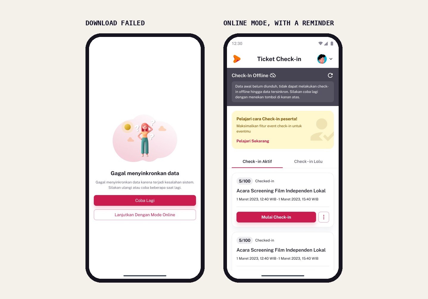 Download failed screen and online mode reminder banner