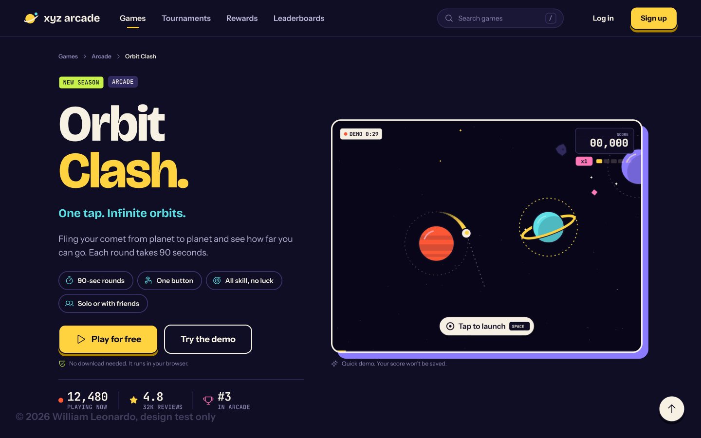 Orbit Clash hero with playable demo, fit tags and Play for free button