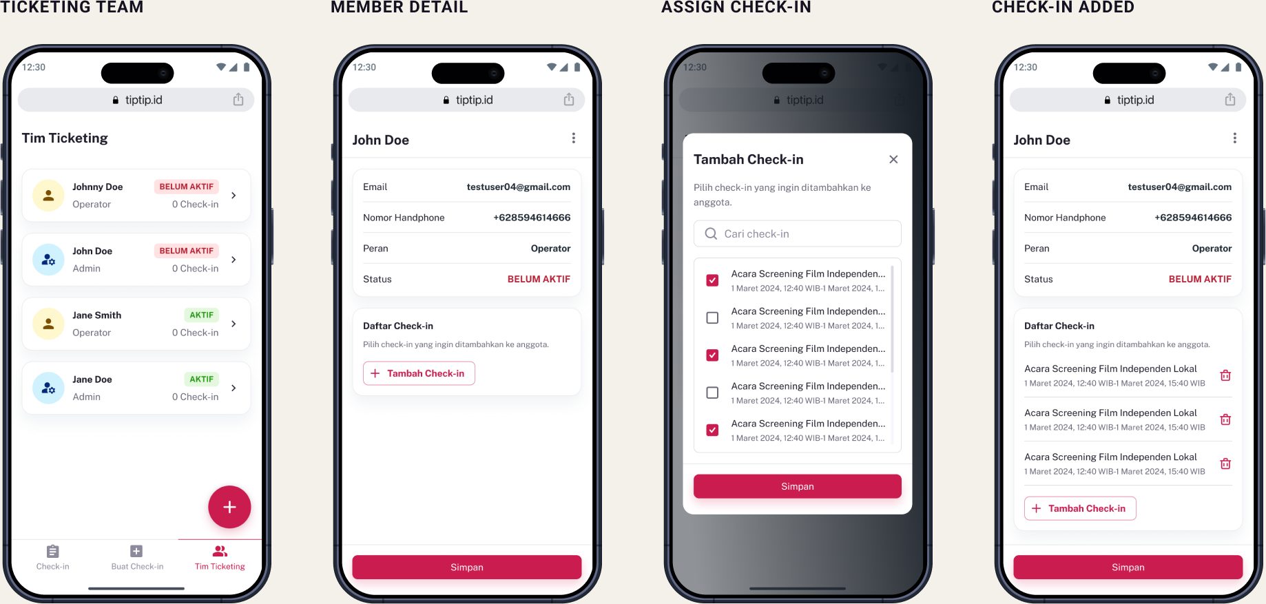 Ticketing team, member detail and assign check-in screens