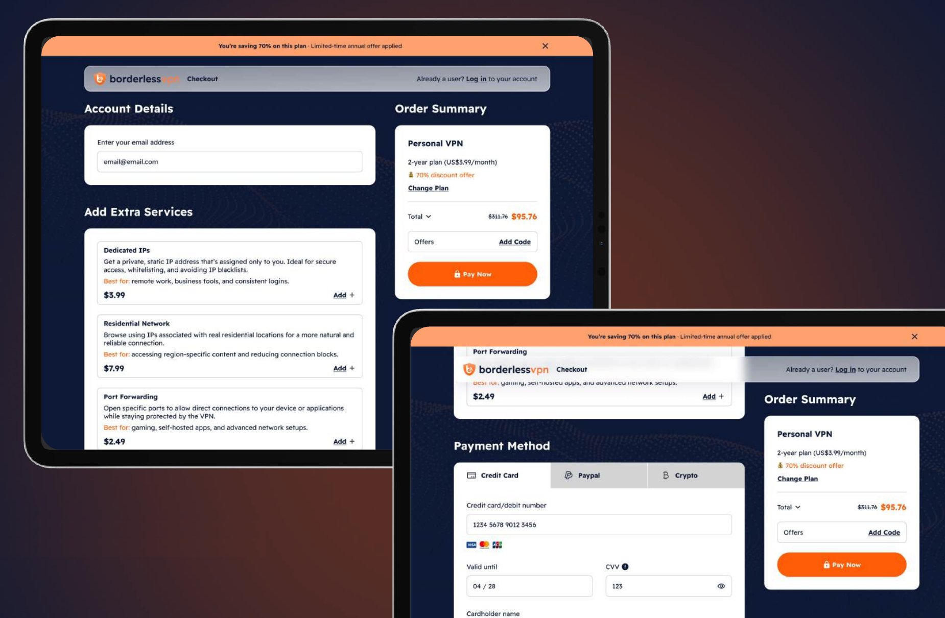 Checkout with account details, extra services, payment method and order summary
