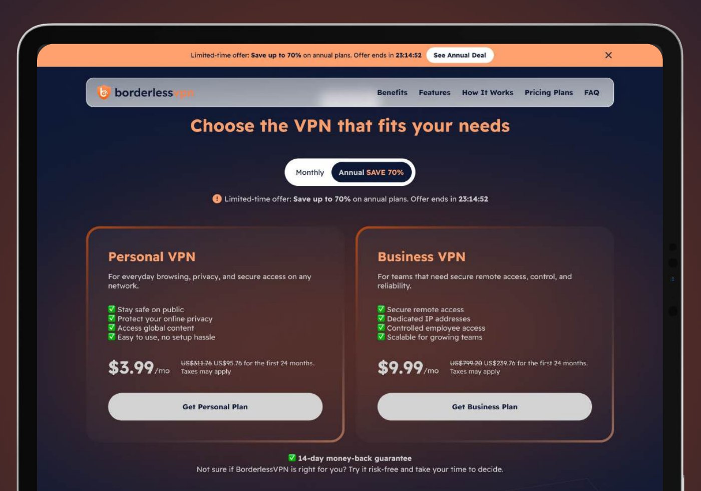 Plan picker with Personal VPN and Business VPN